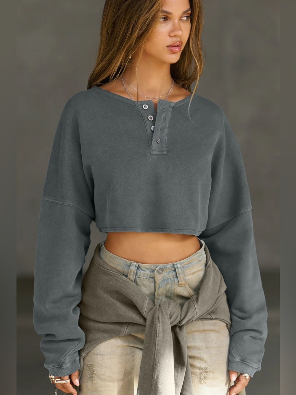 Joah Brown Henley Crop Sweatshirt In Gray Distressed Loose Fit Button Up SZ M/L